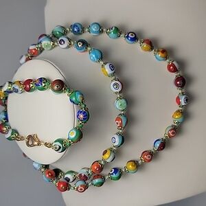Colorful Millefiori Handmade Beaded Necklace and Bracelet Set Gold Tone Murano
